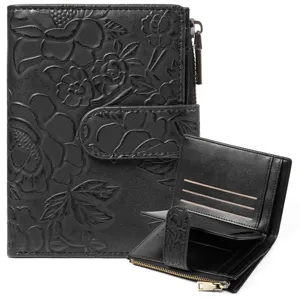 Black PU leather trifold short wallet with embossed floral patterns and zipper coin pocket.