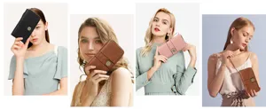 Detailed view of women's vintage PU leather long wallet with double zipper and floral snap.