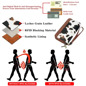 Women RFID blocking cow print leather wallet double zipper long clutch purse design