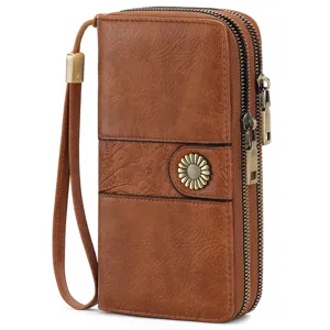 Women's Long PU Leather Wallet RFID Blocking Double Zipper Clutch Purse Retro Style Multipurpose Card Holder Handbag