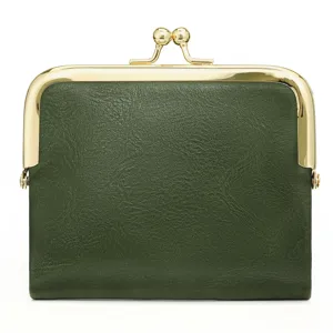 Vintage dark green short women wallet coin purse with gold metal kiss lock frame detail.
