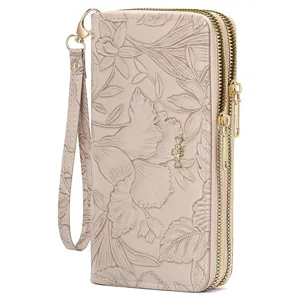 Women's long double zipper floral embossed wallet with wrist strap chic clutch purse.