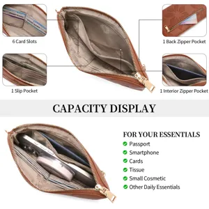 Detailed view of brown leather zipper clutch showcasing multiple card slots and storage.