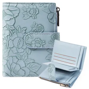 Light blue embossed floral PU wallet detail view, tri-fold design with card slots.
