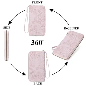 Pink floral embossed long wallet for women with zipper coin purse and wrist strap multi card.