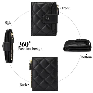 Black quilted short wallet front side and back multi-angle product detail display.