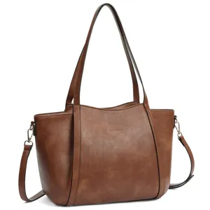 Brown PU leather tote bag for women, large capacity shoulder handbag for daily work commute.