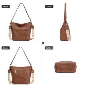 Braune Leder Hobo Schultertasche Detailansicht mit Front-, Rück-, Seiten- und Bodenansicht.
