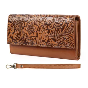 Vintage embossed long women's wallet with wrist strap, stylish trifold clutch purse for daily use.