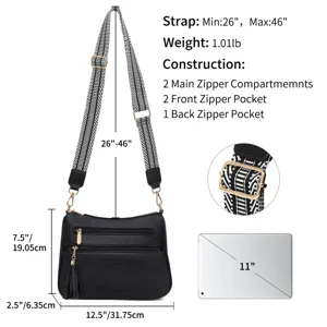 Black PU leather crossbody bag with geometric strap, multi-pocket design and adjustable length.