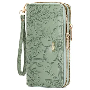 Women's Long PU Leather Wallet Double Zipper Floral Embossed RFID Blocking Wristlet Purse Clutch