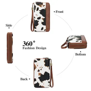 Women's double zipper cow print wallet large capacity clutch purse with wrist strap.
