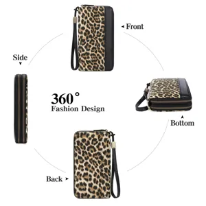 Leopard print women wallet detail view, double zipper clutch bag with wrist strap design.