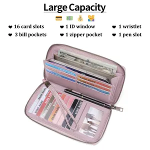 Pink long wallet for women with large capacity, multiple card slots, zip pocket, and strap.