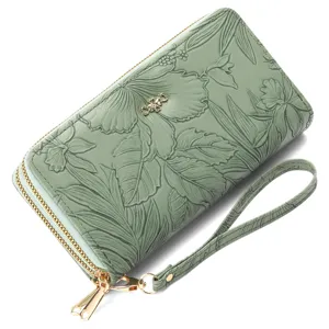 Women long double zipper wallet detail, embossed floral green leather purse with wrist strap.