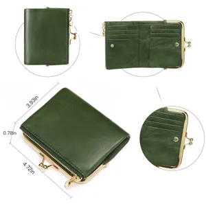 Dark green short folding wallet with metal clasp coin pocket, multiple card slots and details.