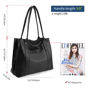 Black leather tote bag large capacity shoulder handbag for women daily commuting style