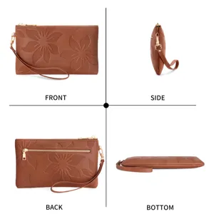 Brown embossed floral PU leather long clutch bag with zipper and wrist strap for women.