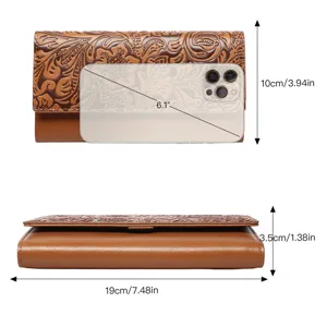 Vintage embossed long tri-fold wallet for women, large capacity leather clutch purse with phone slot.