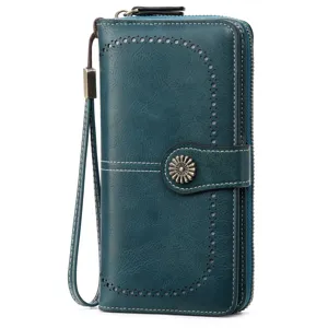Donna Retro Pelle Cerata Portafoglio Lungo Grande Capacità Fessure Multi-Carte Cerniera Portamonete Lavoro Casual Borsa