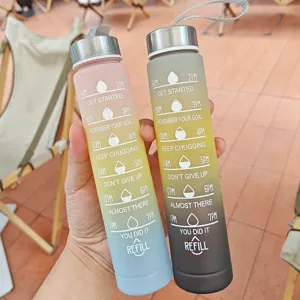 Gradient motivational water bottle with time marker, portable plastic fitness cup.