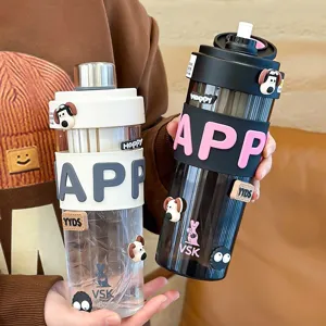 Tritan Plastic Water Bottle Sports Gym Drinking Cup With Straw And Silicone Protective Sleeve Leak-Proof Portable Travel Mug