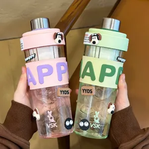 Cute plastic water bottle with straw, colorful cartoon design, portable fitness cup for girls.