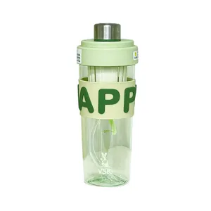 Green plastic water bottle with straw and silicone sleeve, portable sport cup for fitness.
