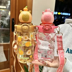 Cute cartoon capybara water bottle with strap, portable plastic straw cup for kids outdoor.
