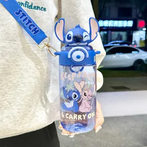 Cute Stitch cartoon kids strap water bottle with portable straw and plastic cup design.