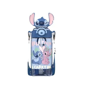 Cute Stitch kids water bottle with 3D straw cup strap outdoor portable drinking bottle