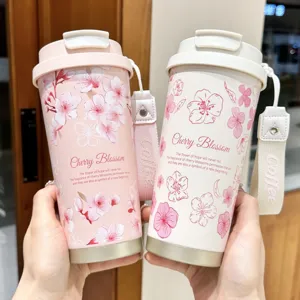 Stainless steel travel coffee mug with cherry blossom design, portable double wall flask.