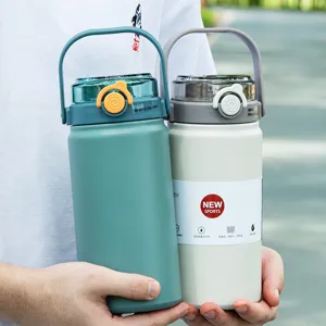 Große Kapazität Sport Thermosflasche Wasserflasche 316 Edelstahl Tragbar Doppelter Trinkhalm Vakuumkrug