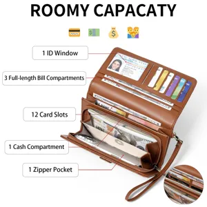 Brown long women wallet with multiple card slots zipper pocket wrist strap spacious design