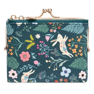 Close-up view of the dark green floral rabbit print PU leather short coin purse wallet detail.