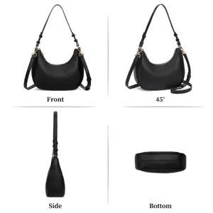 Black PU leather crescent shoulder bag, stylish hobo handbag with adjustable strap details.