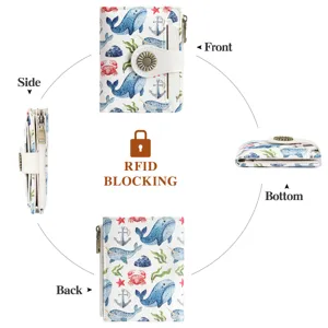 Detailed view of women short wallet with ocean cartoon print, RFID blocking and card slots.