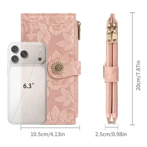 Embossed floral women's long wallet detail, double zipper card holder and phone bag design.