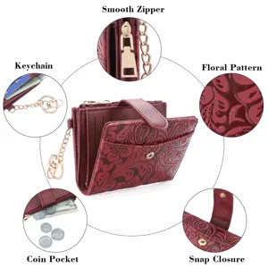 Femme portefeuille court gaufré vintage avec porte-clés fermeture éclair et porte-cartes