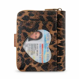 Leopard print short wallet with heart ID window, compact zipper coin purse card holder.