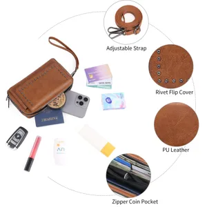 Detail view of vintage PU leather crossbody phone bag showing adjustable strap and rivet flip cover.