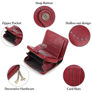 Red women short pu leather wallet vintage card slots zipper pocket hollow design chic purse
