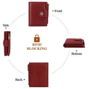 Women short leather wallet RFID blocking card holder coin purse dark red snap closure