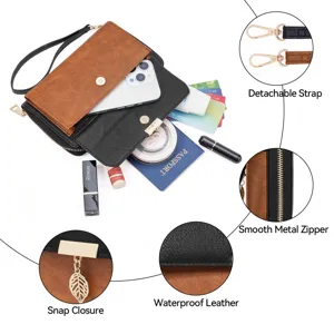 Damen PU Leder Handytasche Detailansicht zeigt abnehmbaren Riemen und Metallreißverschluss.