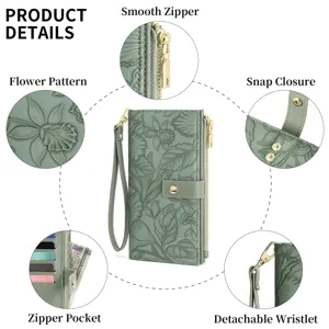 Women long wallet embossed floral PU leather purse zipper pocket snap closure wristlet strap