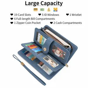 Women long trifold PU leather wallet large capacity clover snap coin purse with card slots