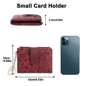 Petit porte-cartes portefeuille vintage en cuir gaufré floral avec anneau de clés rouge.
