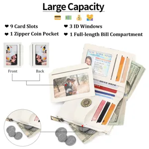 Detail view showing large capacity bifold wallet with multiple card slots and coin pocket.