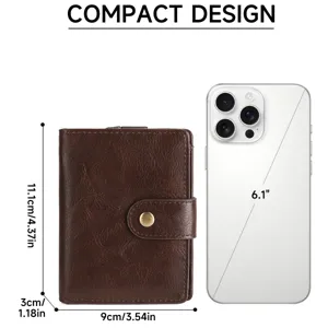 Portafoglio corto in pelle microfibra retro design compatto con bottone a pressione e tasche.