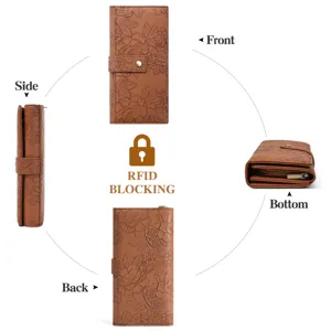 Women's long brown wallet with embossed floral design, multi card slots and RFID blocking.